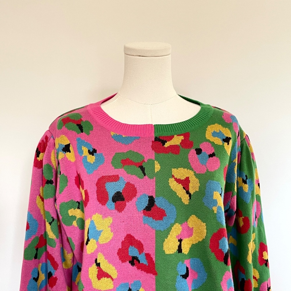 Farm Rio Colorful Leopard Sweater Women L Knit Artsy Bold Maximalist Colorful - Picture 2 of 11